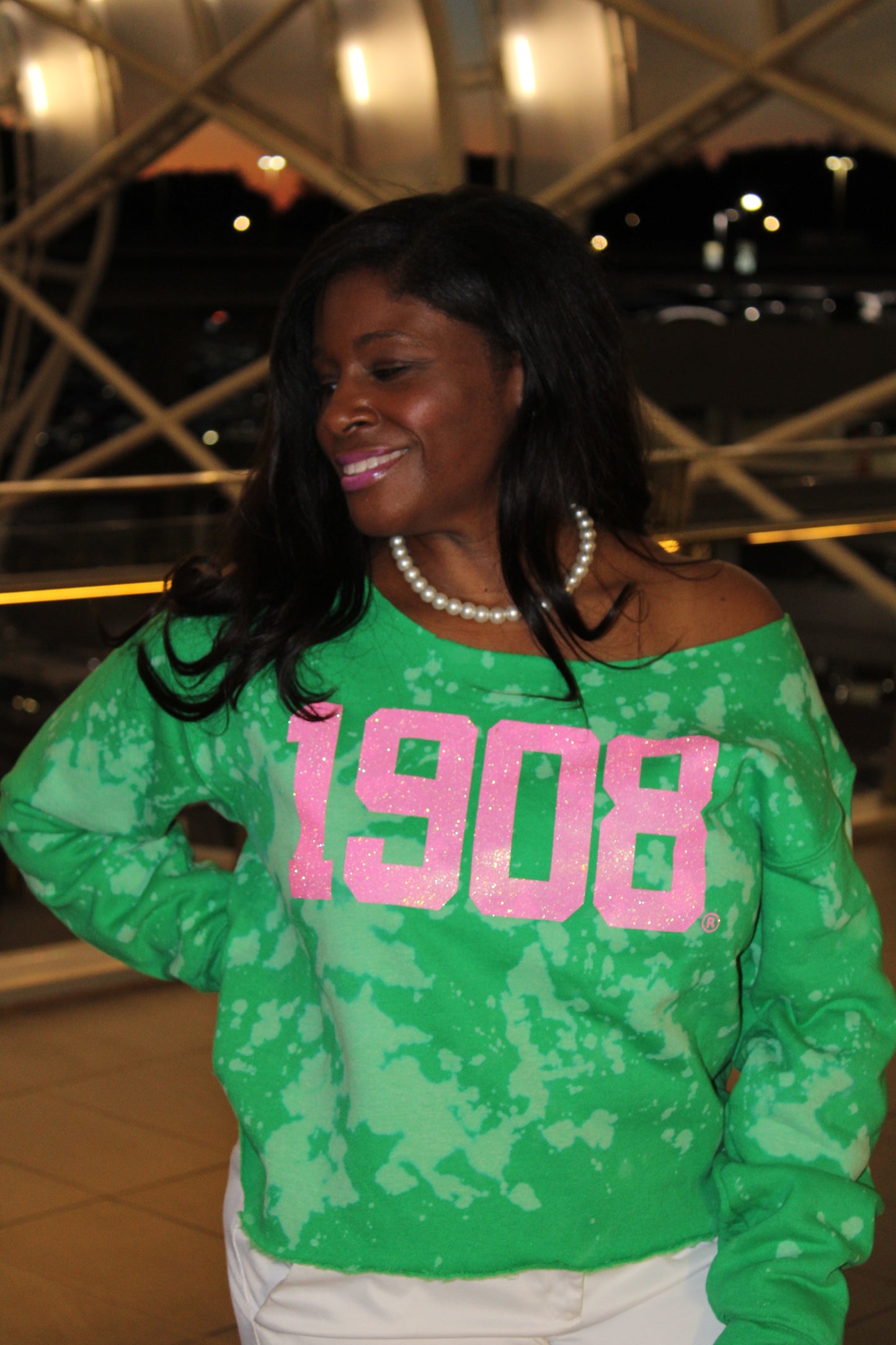 Handmade 1908 AKA Pink Glitter on Green Crew Neck or Off Shoulder Sweatshirt