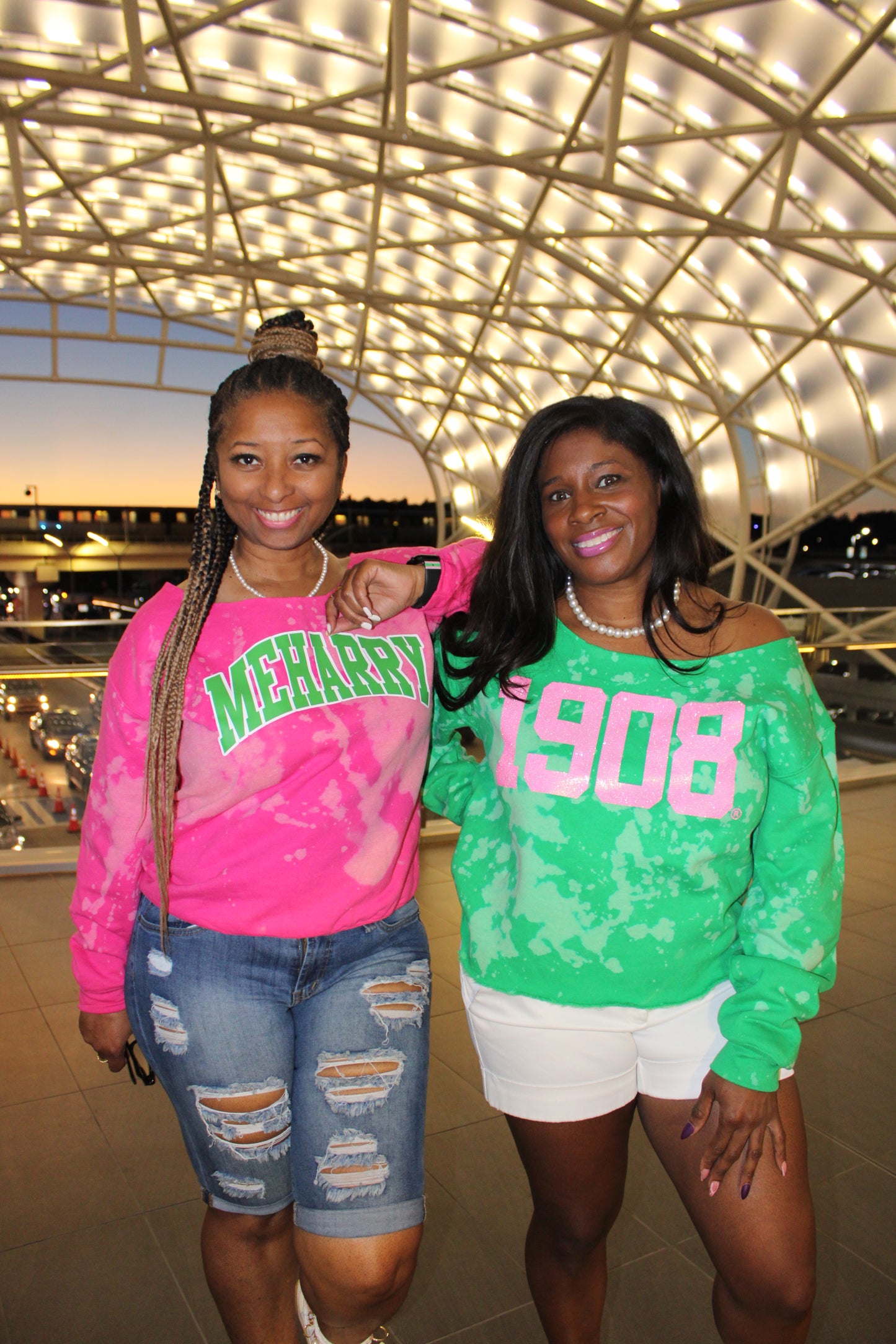 Handmade 1908 AKA Pink Glitter on Green Crew Neck or Off Shoulder Sweatshirt