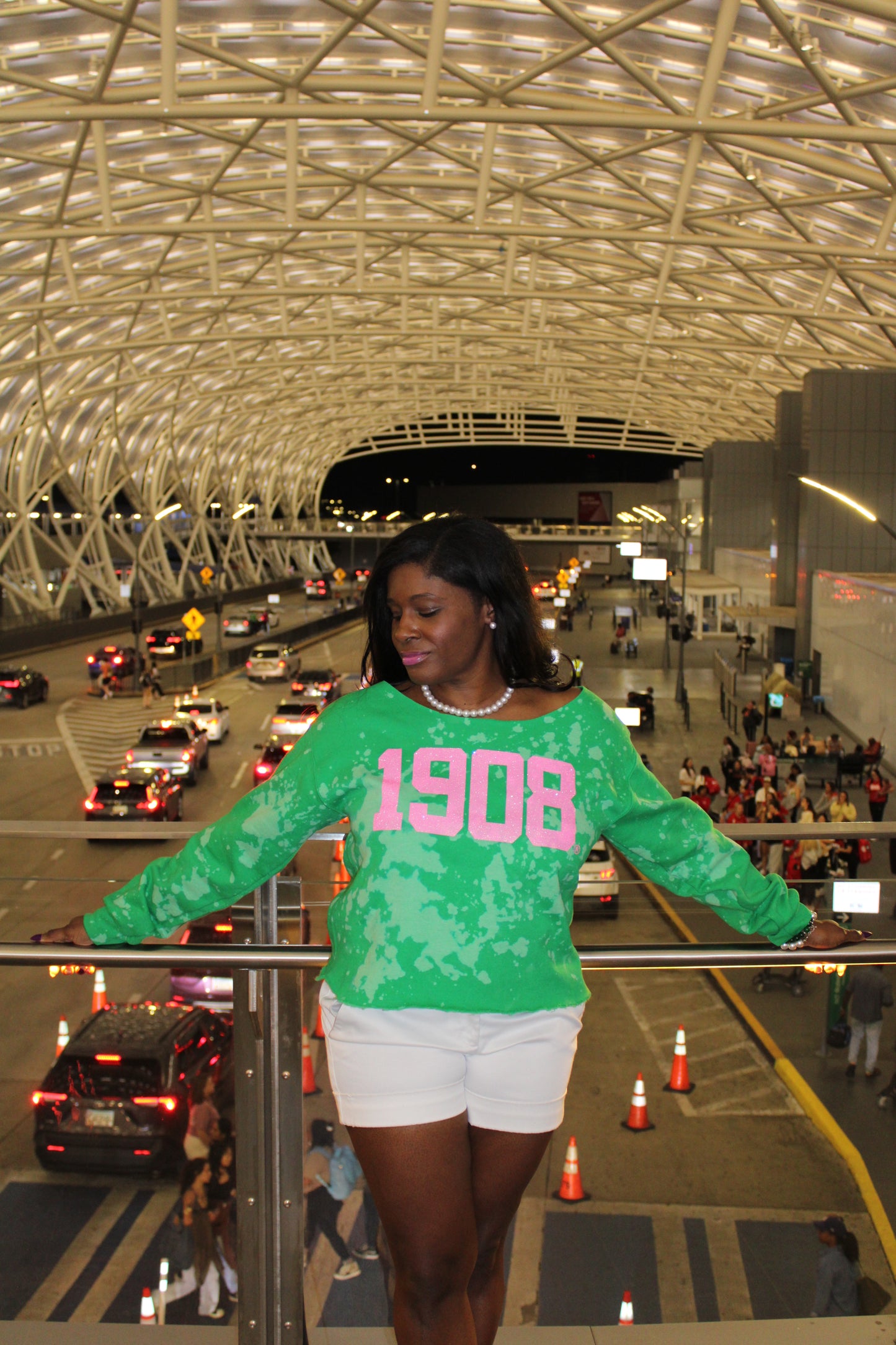 Handmade 1908 AKA Pink Glitter on Green Crew Neck or Off Shoulder Sweatshirt