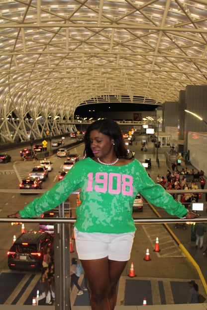 Handmade 1908 AKA Pink Glitter on Green Crew Neck or Off Shoulder Sweatshirt