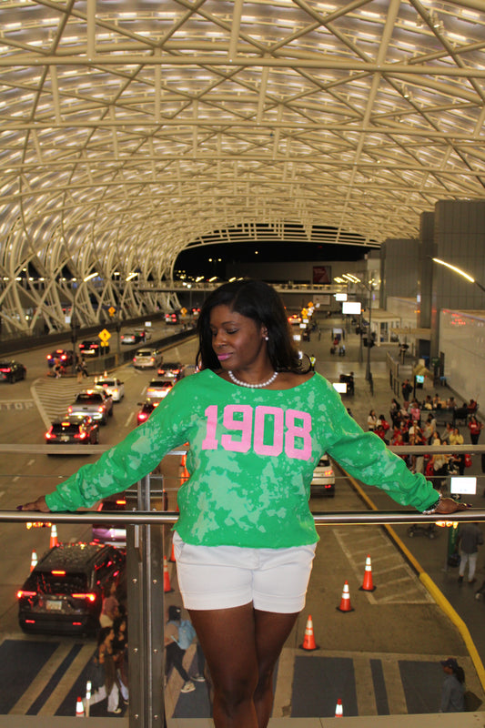 Handmade 1908 AKA Pink Glitter on Green Crew Neck or Off Shoulder Sweatshirt