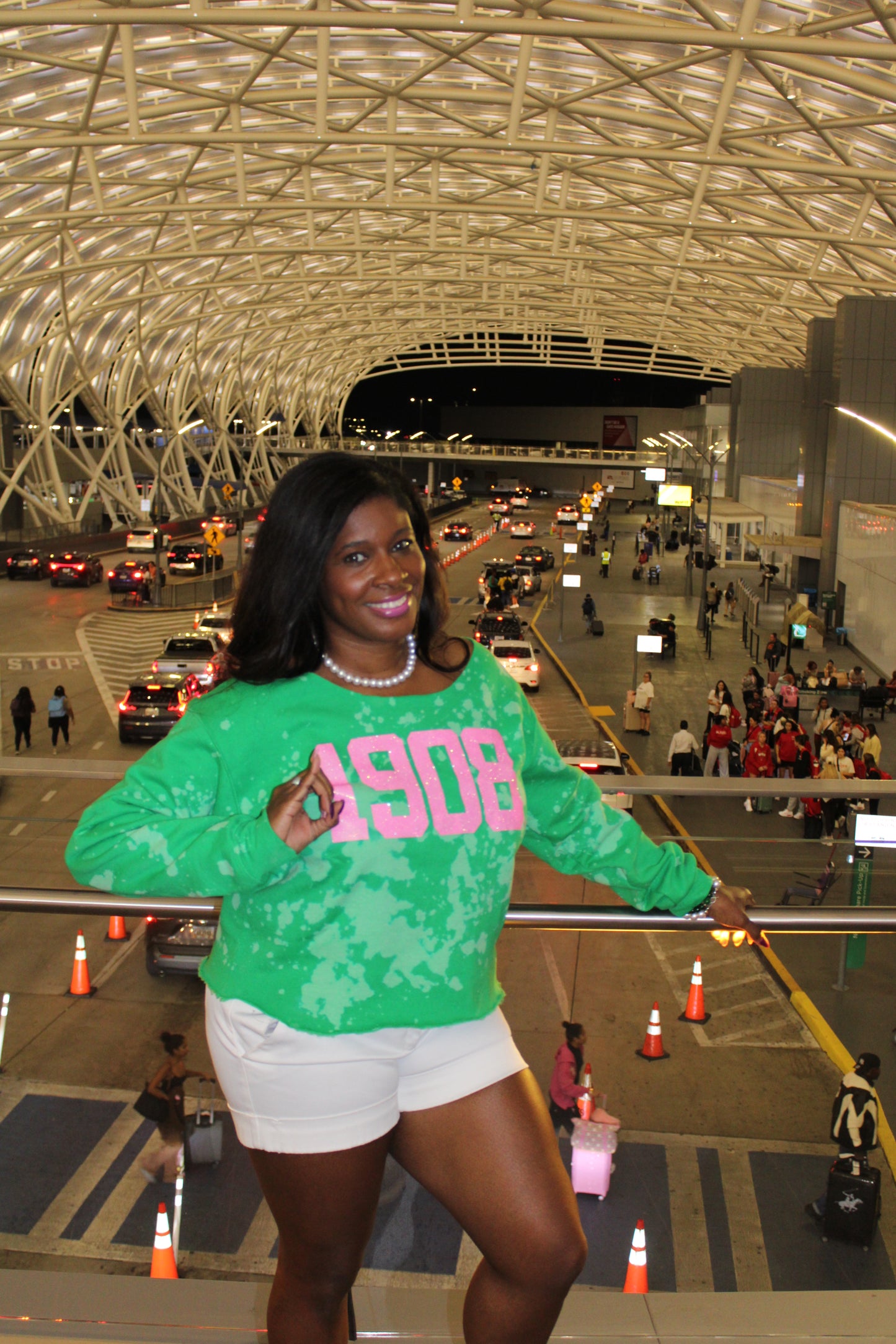 Handmade 1908 AKA Pink Glitter on Green Crew Neck or Off Shoulder Sweatshirt