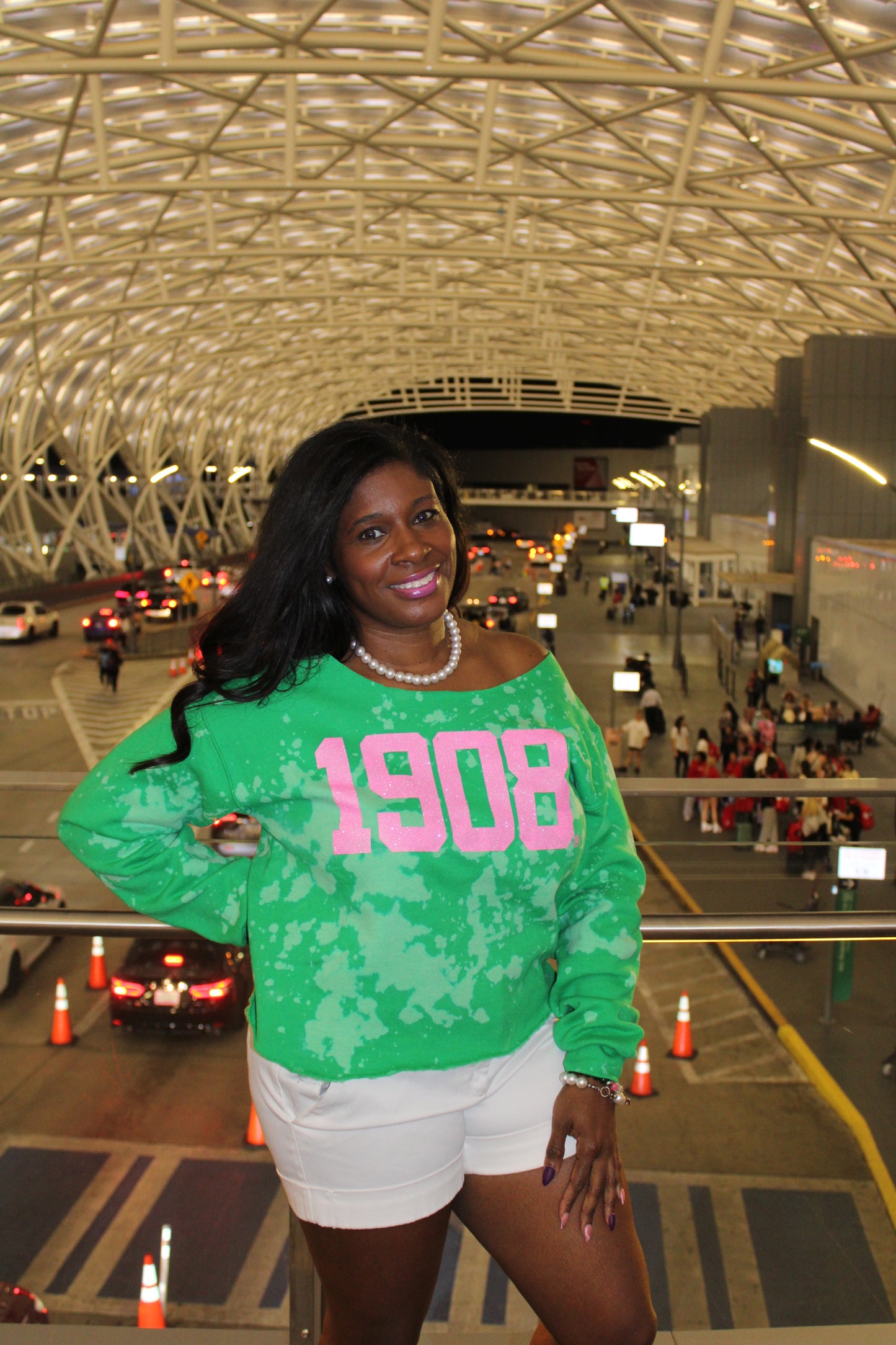 Handmade 1908 AKA Pink Glitter on Green Crew Neck or Off Shoulder Sweatshirt