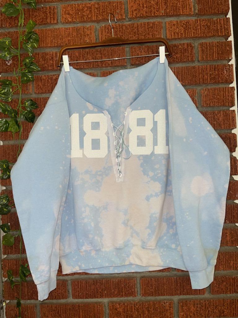 Handmade 1881 Spelman Powder Blue Bleached White Glitter Satin Lace Up Off Shoulder Sweatshirt