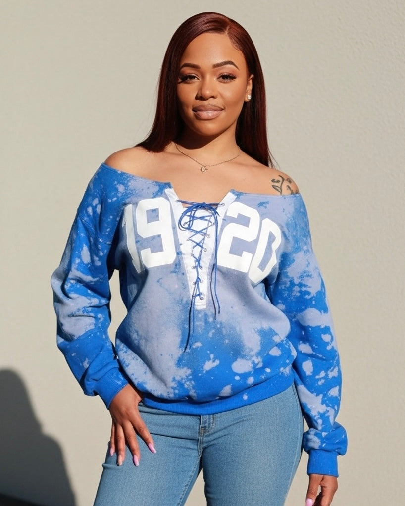 Zeta Phi Beta 1920 lace up sweatshirt, hand bleached blue crewneck, off shoulder Greek apparel, custom collegiate sweater, Zeta sorority clothing, royal blue varsity letters, handmade Greek wear