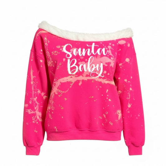 Santa Baby Luxe Off-Shoulder Sweatshirt (Bubblegum Pink)