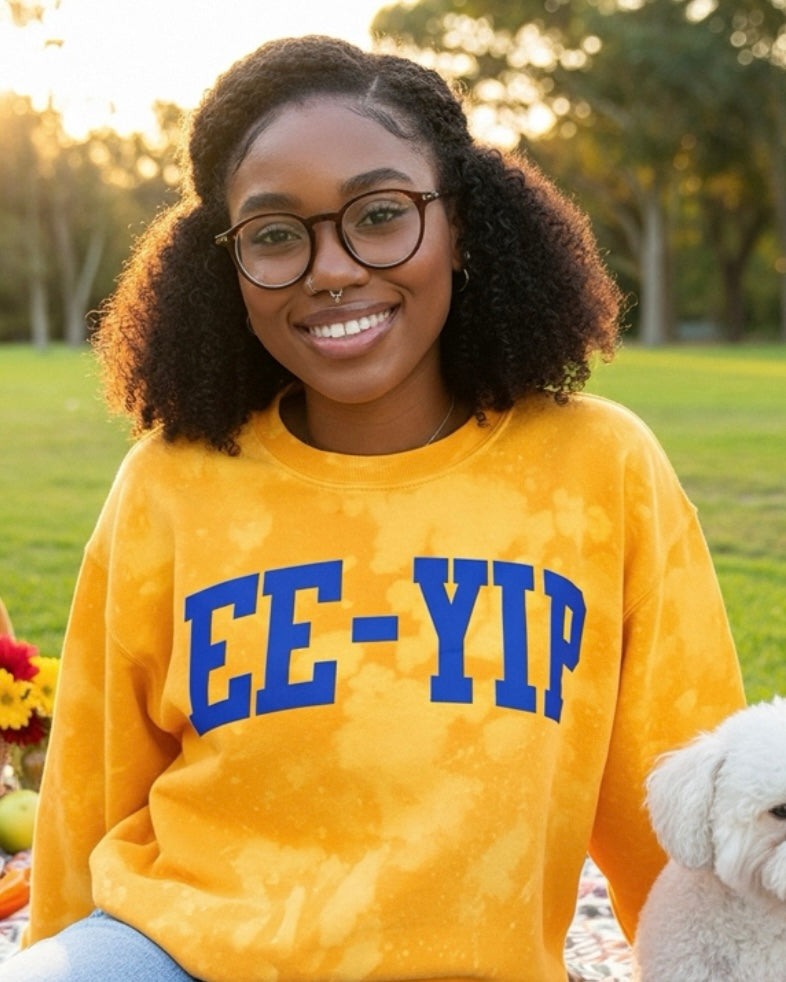 EE-YIP sweatshirt, Sigma Gamma Rho apparel, SGRho crewneck, SGRho sorority clothing, gold SGRho sweatshirt, EE-YIP gold sweater, sorority gift ideas, Greek apparel handmade, HBCU sorority sweatshirt, Atlanta Greek fashion, custom bleached sweatshirt, Sigma Gamma Rho neos, sisterhood merch, SGRho holiday outfits, campus sorority style, Cami Co Lace, CCL Designs