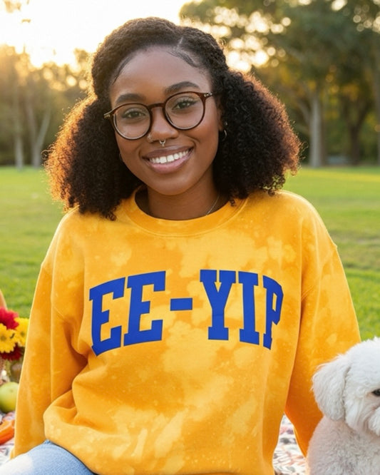 EE-YIP sweatshirt, Sigma Gamma Rho apparel, SGRho crewneck, SGRho sorority clothing, gold SGRho sweatshirt, EE-YIP gold sweater, sorority gift ideas, Greek apparel handmade, HBCU sorority sweatshirt, Atlanta Greek fashion, custom bleached sweatshirt, Sigma Gamma Rho neos, sisterhood merch, SGRho holiday outfits, campus sorority style, Cami Co Lace, CCL Designs