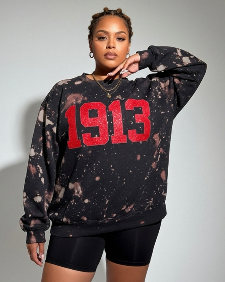 Concrete Rose 1913, delta sigma theta sweatshirt, DST glitter crewneck, red glitter 1913, hand bleached sweatshirt, greek sorority apparel, handmade greek clothing, delta sigma theta gifts, DST neos apparel, atlanta greek fashion, black bleached hoodie, 1913 crewneck, cami co lace, CCL designs, HBCU sorority clothing