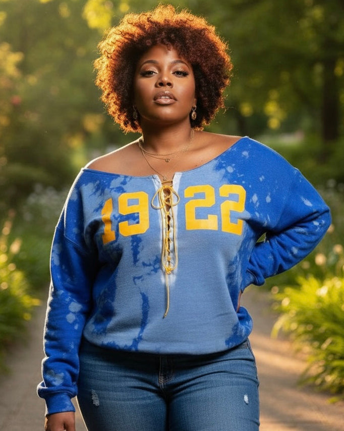 Sigma Gamma Rho 1922 lace up sweatshirt, gold and blue Greek apparel, sorority lace up crewneck, hand bleached collegiate sweater, SGRho custom clothing, yellow varsity letters, handmade Greek wear