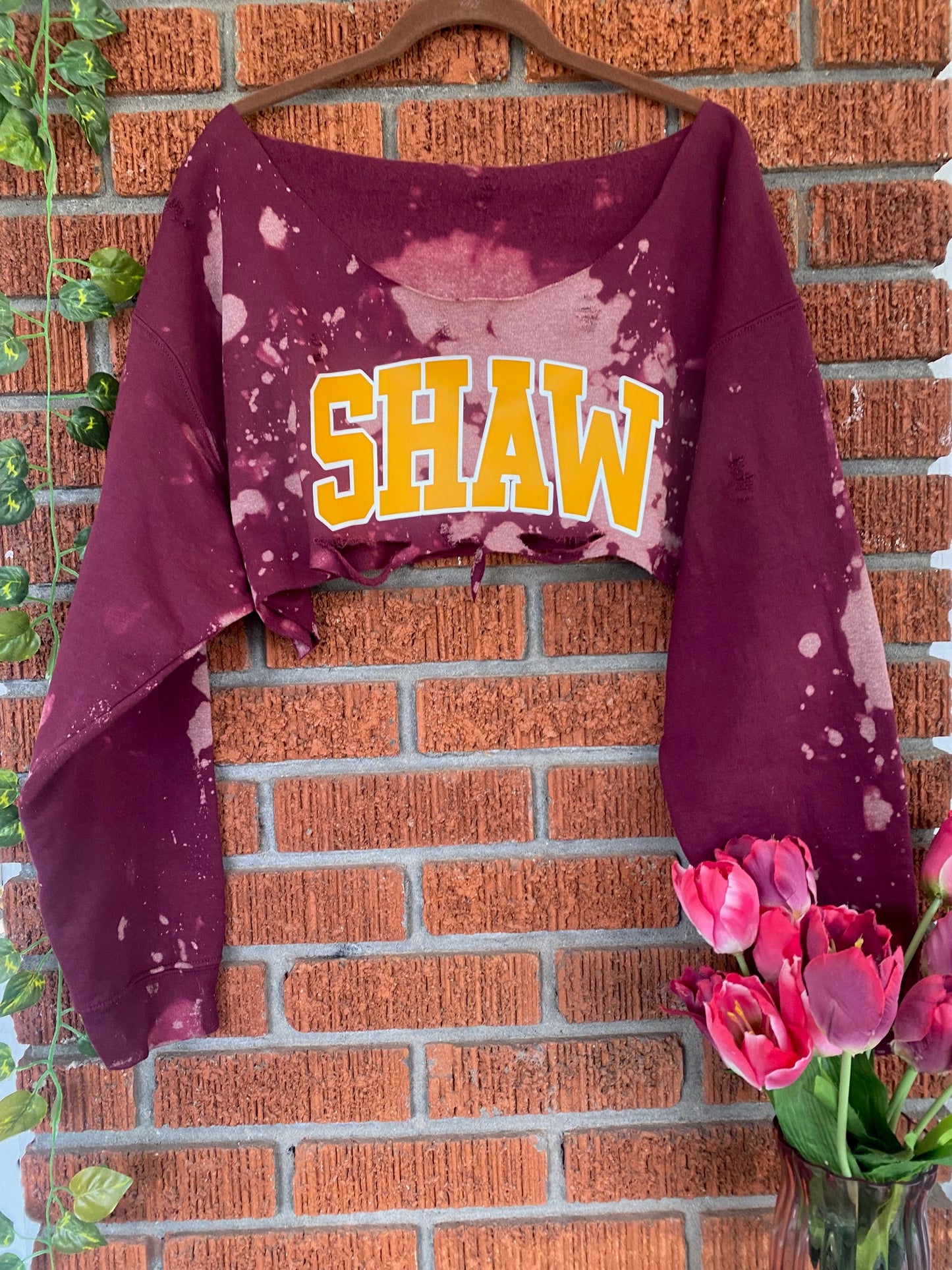 Shaw University Off Shoulder Hand Dyed Super Crop Sweatshirt Maroon Design