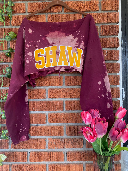 Shaw University Off Shoulder Hand Dyed Super Crop Sweatshirt Maroon Design