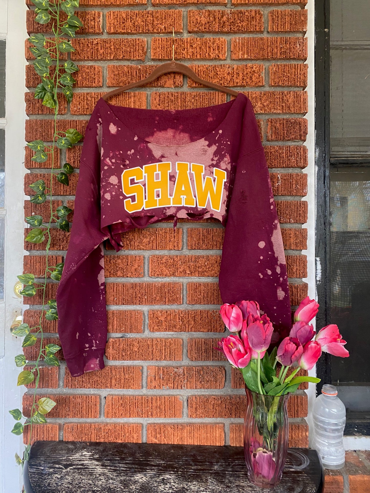 Shaw University Off Shoulder Hand Dyed Super Crop Sweatshirt Maroon Design