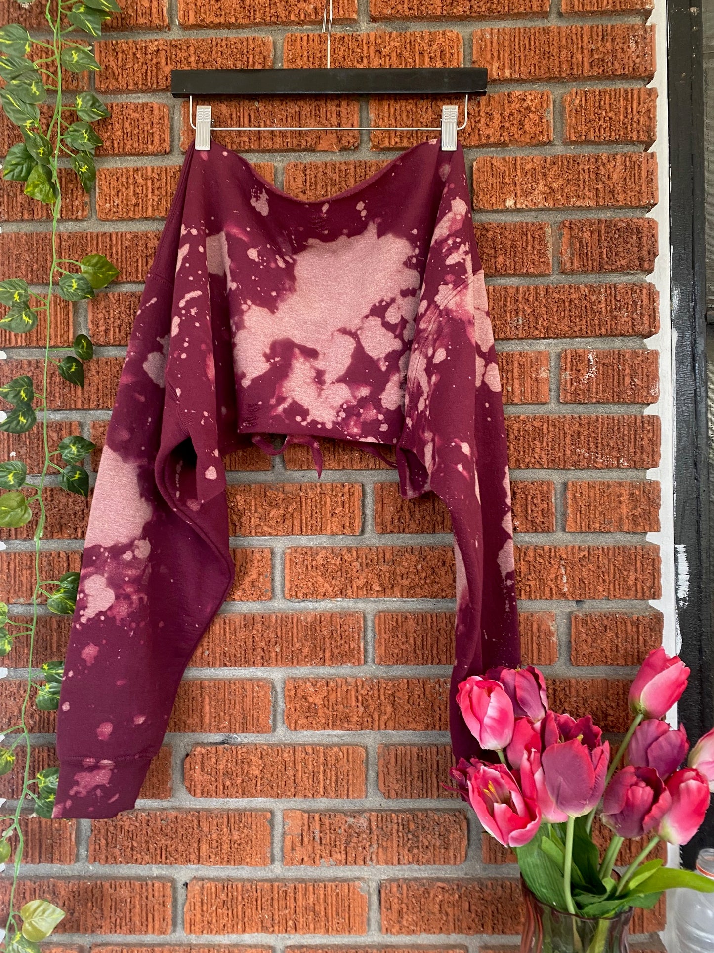 Handmade Shaw Maroon Hand Bleached Crew Neck Super Crop Sweatshirt