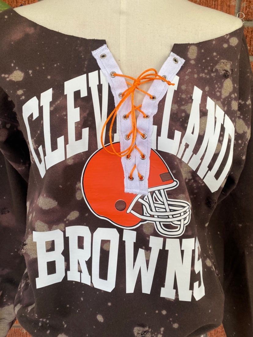 Handmade Cleveland Browns Football Hand Bleached Lace Up Sweatshirt