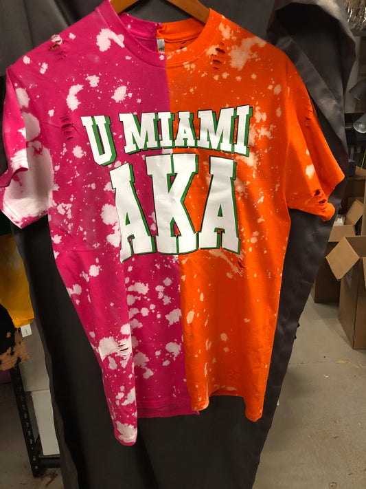Handmade University of Miami AKA Pink Orange Half and Half Hand Bleached T-Shirt