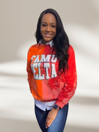 Miss Kyra D. Handmade FAMU Delta Beta Alpha 13 Hand Bleached Orange/Red Half&Half Crew Sweatshirt
