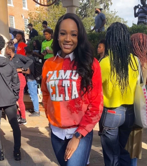 Miss Kyra D. Handmade FAMU Delta Beta Alpha 13 Hand Bleached Orange/Red Half&Half Crew Sweatshirt