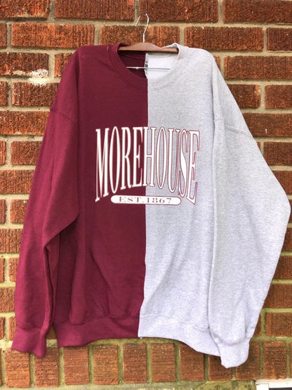 Handmade Morehouse 1867 Maroon and Sports Grey Half and Half Crew Neck Sweatshirt