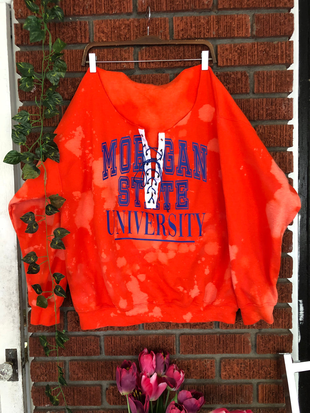 Handmade Morgan State Orange Lace Up Hand Bleached Sweatshirt