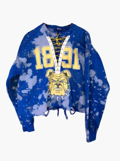 Handmade NCAT 1891 Aggie Bulldog Royal Hand Bleached Keep the Collar Lace Up Crew Neck