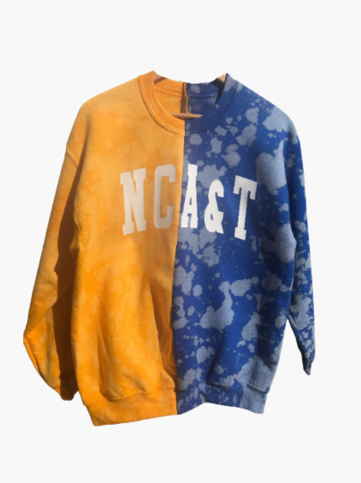 Handmade NCAT NC A&T Gold Royal or Navy Blue Hand Bleached Half and Half Crew Neck Unisex Sweatshirt