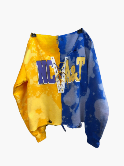 Handmade NCAT NCA&T Half and Half Lace-Up Hand Bleached Crop or Full Length Sweatshirt