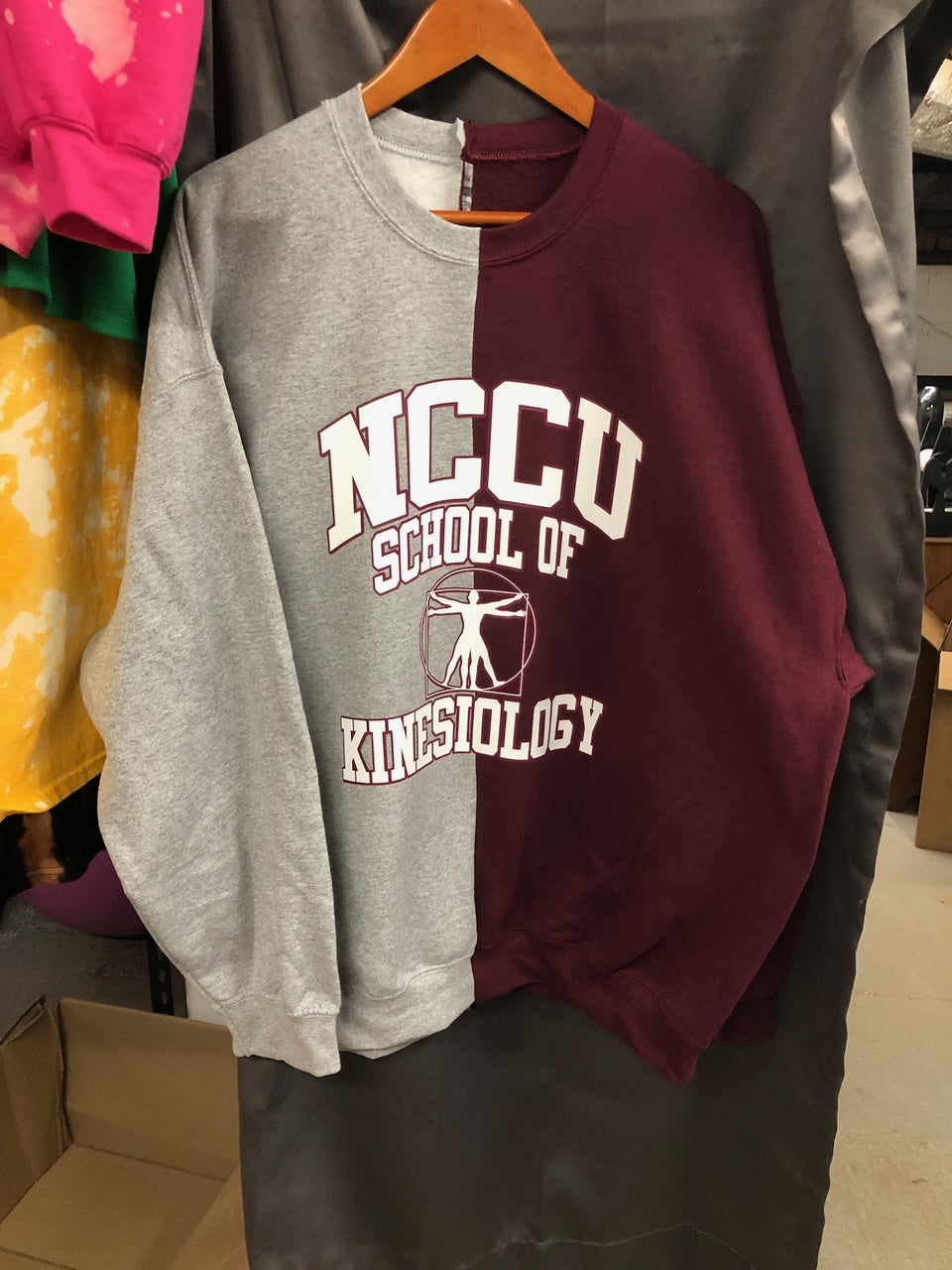 Handmade NCCU School of Kinesiology Maroon Gray Half and Half Crew Neck Sweatshirt