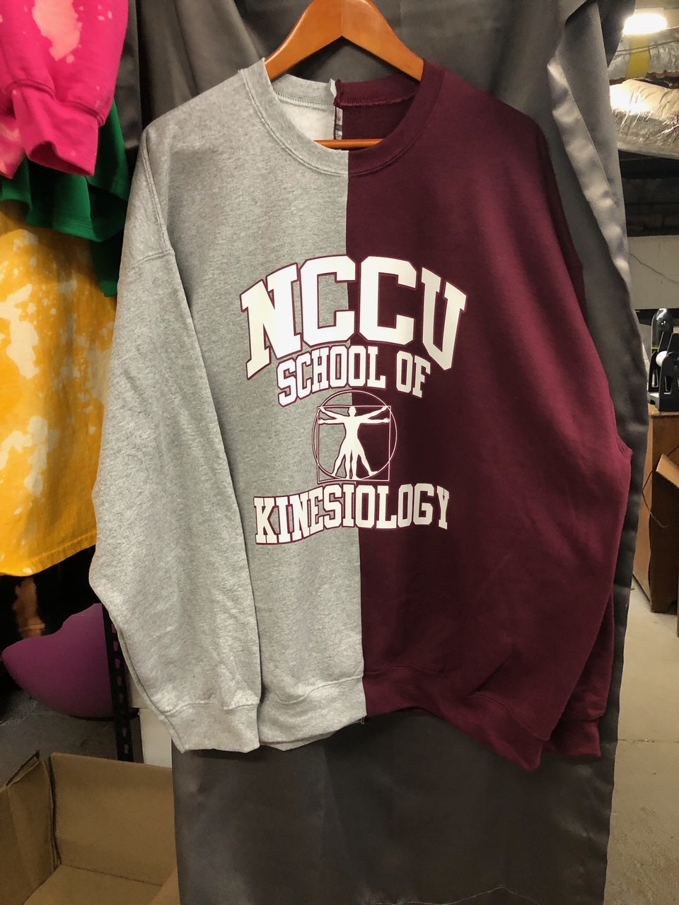 Handmade NCCU School of Kinesiology Maroon Gray Half and Half Crew Neck Sweatshirt