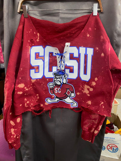 Handmade SCSU Bulldog Lace Up Garnet Navy Hand Bleached Sweatshirt (South Carolina State)