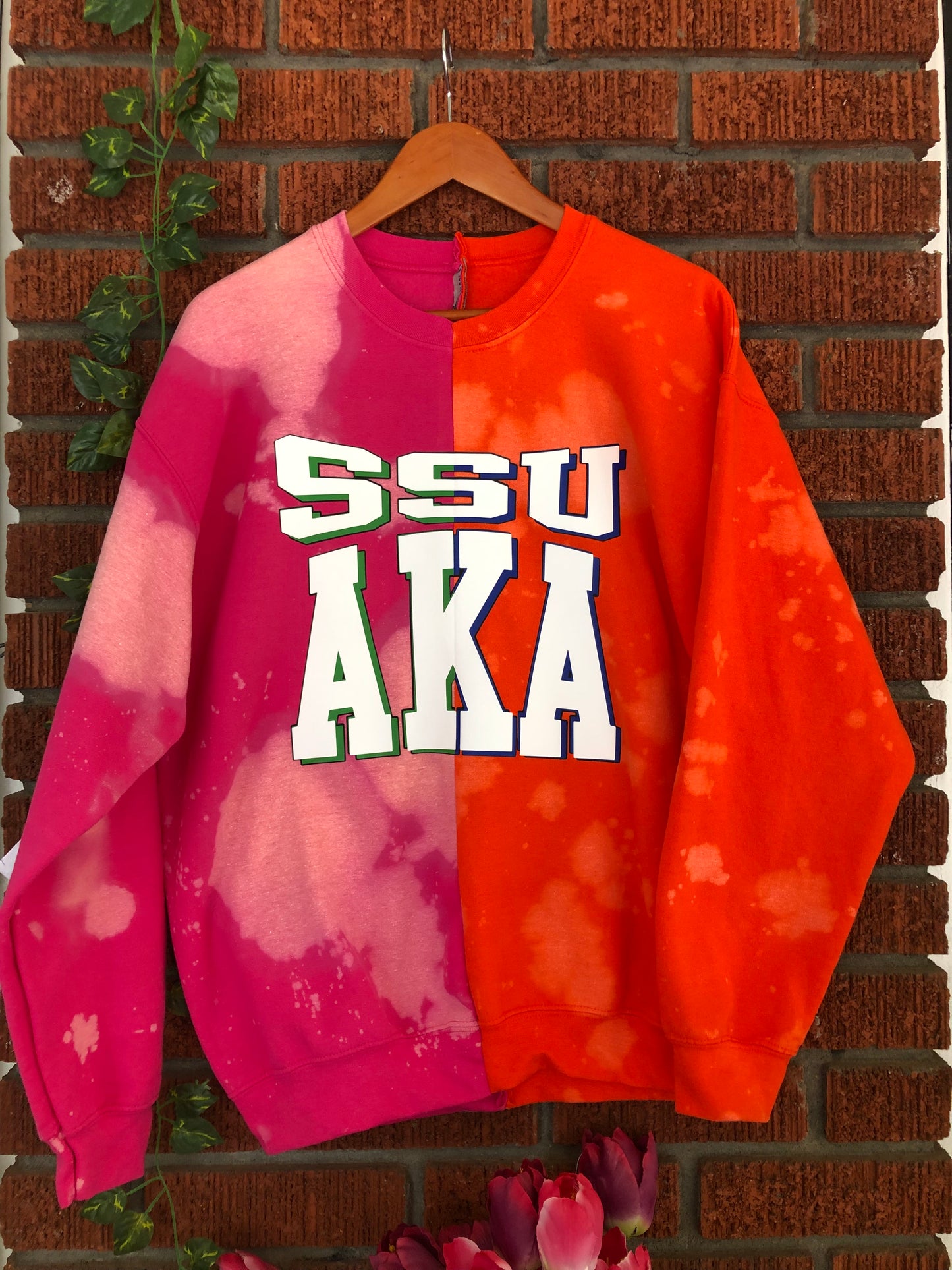 Handmade SSU AKA Orange Pink Half and Half Crew Neck Hand Bleached Sweatshirt