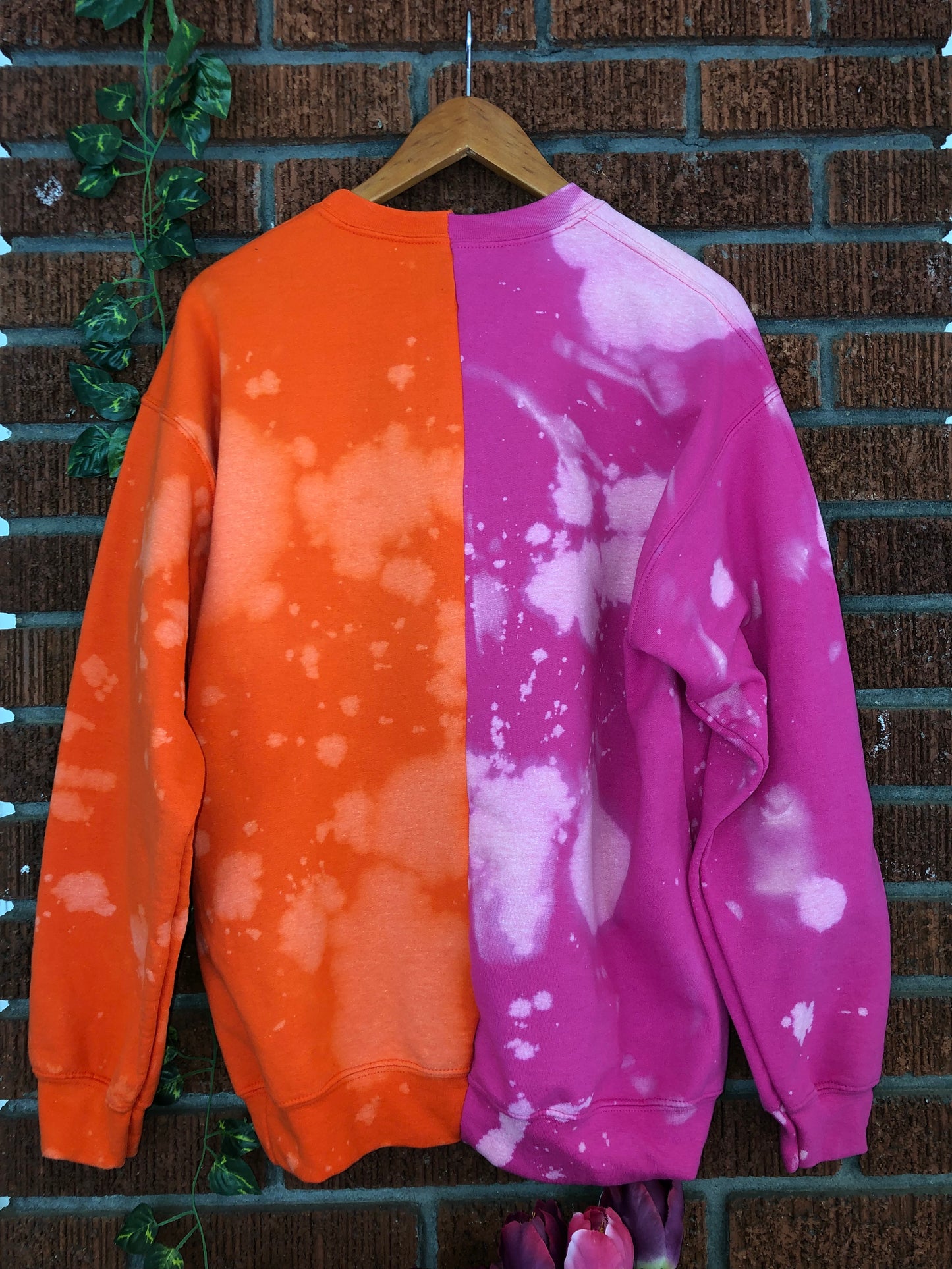 Handmade SSU AKA Orange Pink Half and Half Crew Neck Hand Bleached Sweatshirt