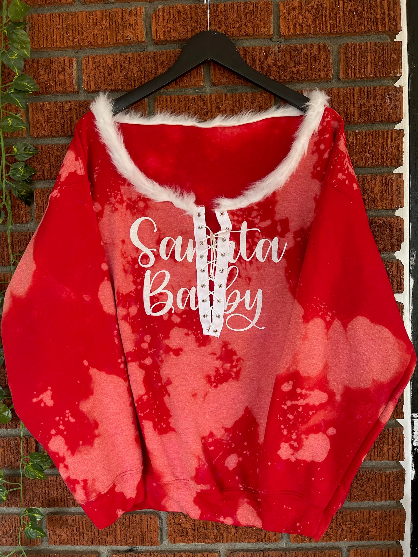 Lace Up Santa Baby Chic Red Hand Bleached Holiday Sweatshirt
