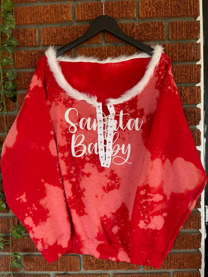 Lace Up Santa Baby Chic Red Hand Bleached Holiday Sweatshirt