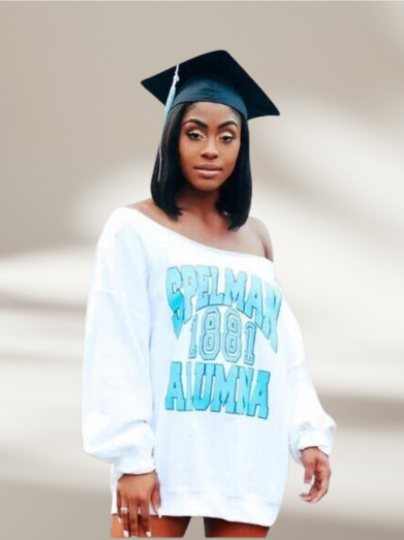 Handmade Spelman 1881 Alumna Baby Blue on White Off Shoulder Sweatshirt