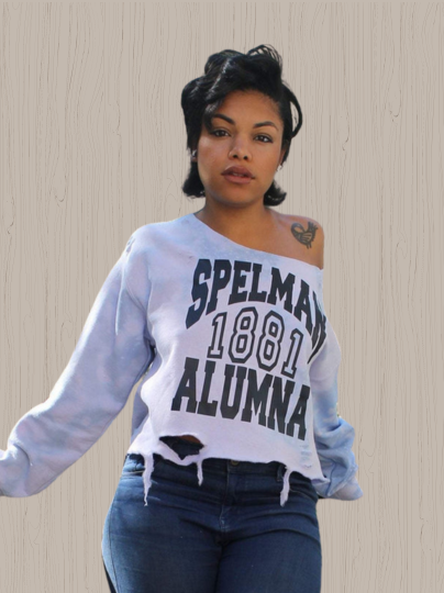 Handmade Spelman 1881 Alumna Off-Shoulder Light Distress Fleece Sweatshirt