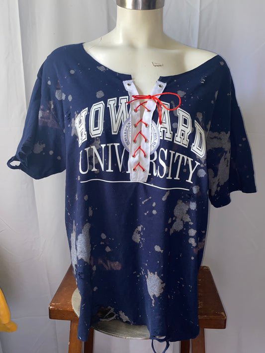 Navy blue sweatshirt with white text on a mannequin against a white background