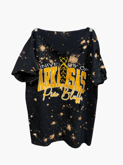 Handmade University of Arkansas Pine Bluff Black Lace Up Hand Bleached T-Shirt