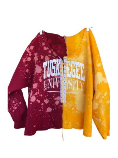 Handmade Tuskegee Crimson Gold Hand Bleached Lace Up Half and Half Sweatshirt