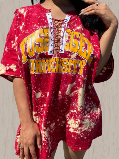 Handmade Tuskegee University Crimson Gold White Hand Bleached Distressed U-Neck Lace-Up T-Shirt
