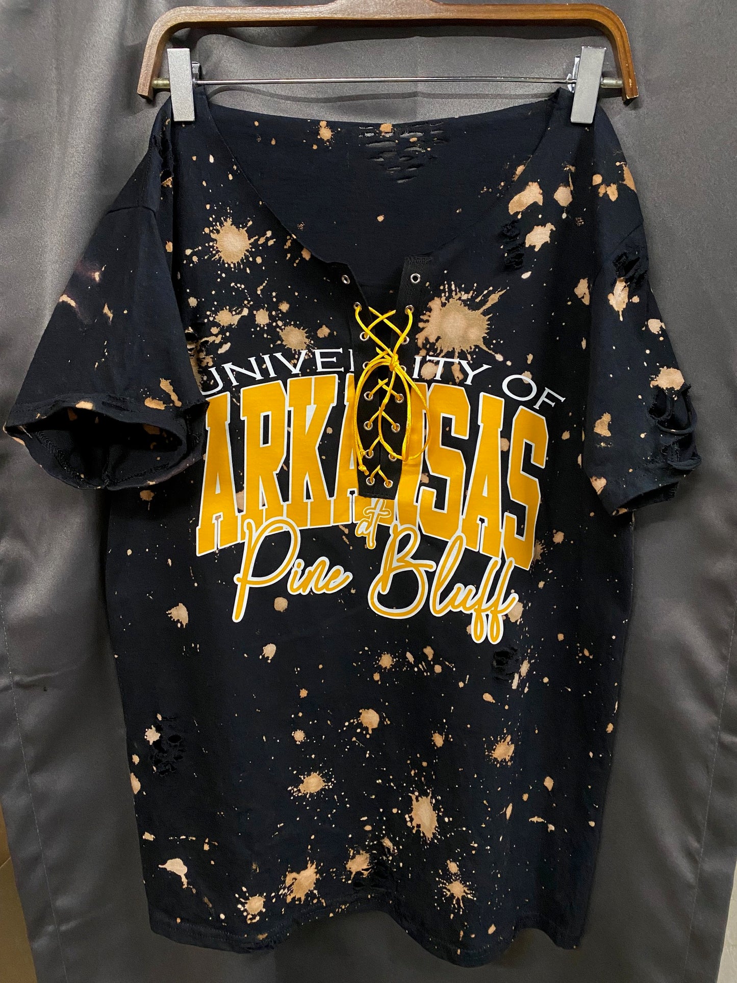 Handmade University of Arkansas Pine Bluff Black Lace Up Hand Bleached T-Shirt