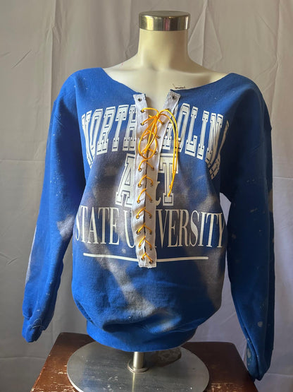 Handmade North Carolina Agricultural and Technical State University "NCAT"  Blue Lace Up Crop or Full Length Sweatshirt