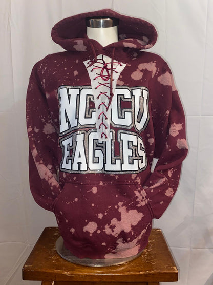 Handmade NCCU Eagles Maroon Silver Glitter Hand Bleached Lace Up Fleece Hooded Sweatshirt with Pockets