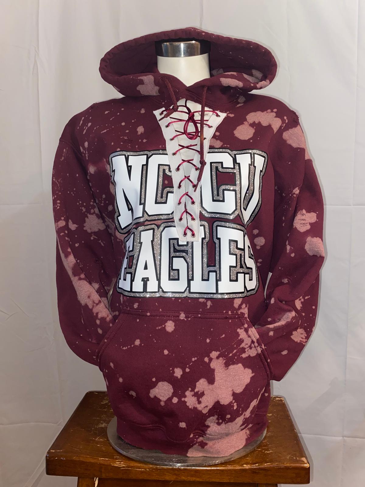 Handmade NCCU Eagles Maroon Silver Glitter Hand Bleached Lace Up Fleece Hooded Sweatshirt with Pockets