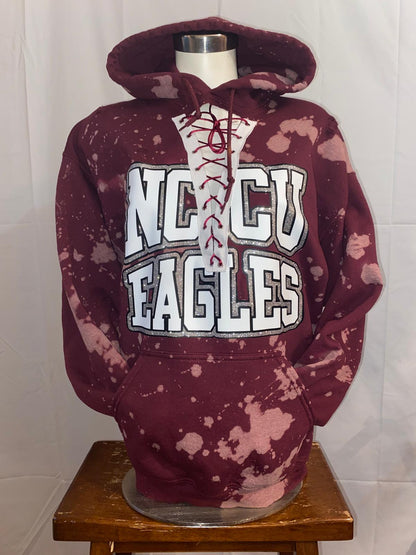 Handmade NCCU Eagles Maroon Silver Glitter Hand Bleached Lace Up Fleece Hooded Sweatshirt with Pockets