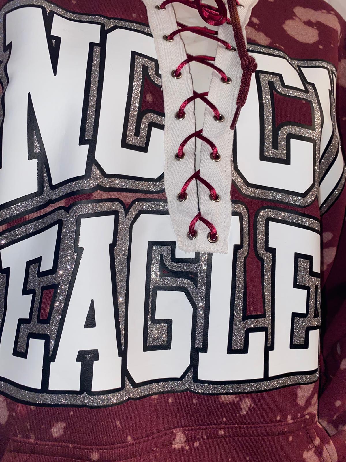 Handmade NCCU Eagles Maroon Silver Glitter Hand Bleached Lace Up Fleece Hooded Sweatshirt with Pockets