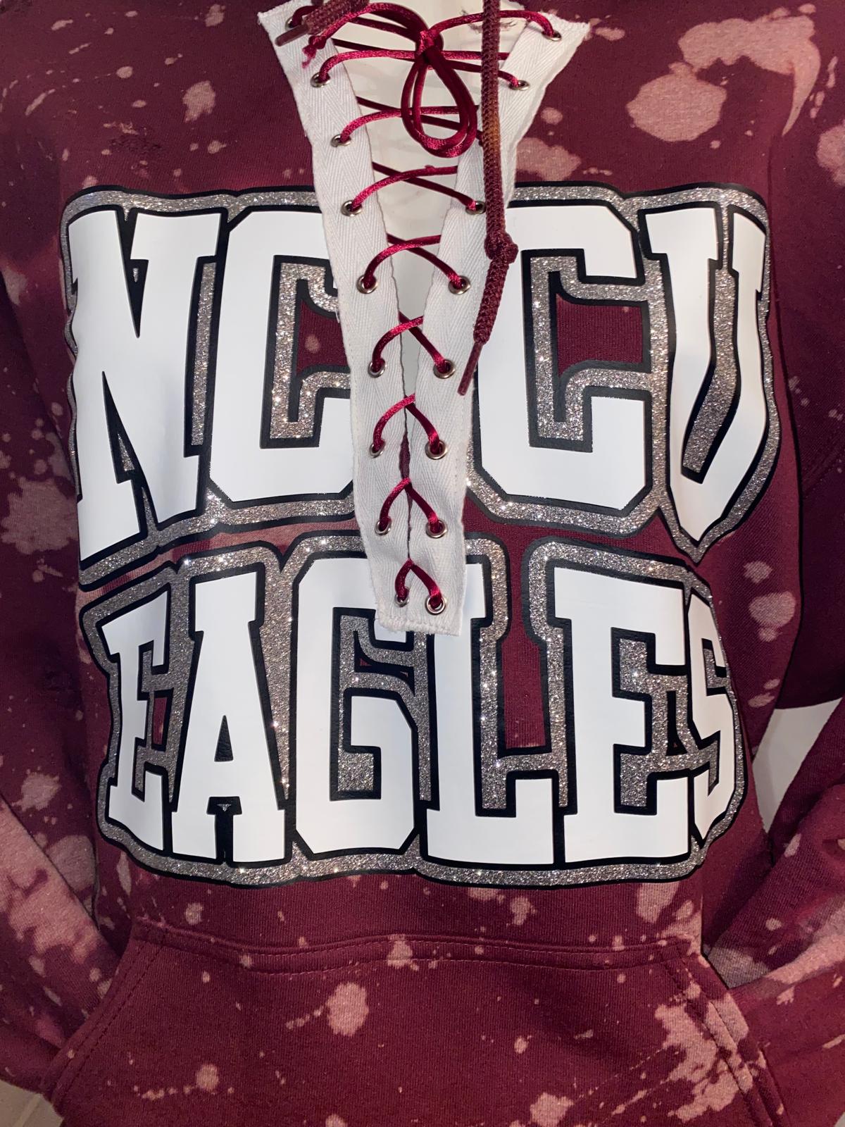 Handmade NCCU Eagles Maroon Silver Glitter Hand Bleached Lace Up Fleece Hooded Sweatshirt with Pockets