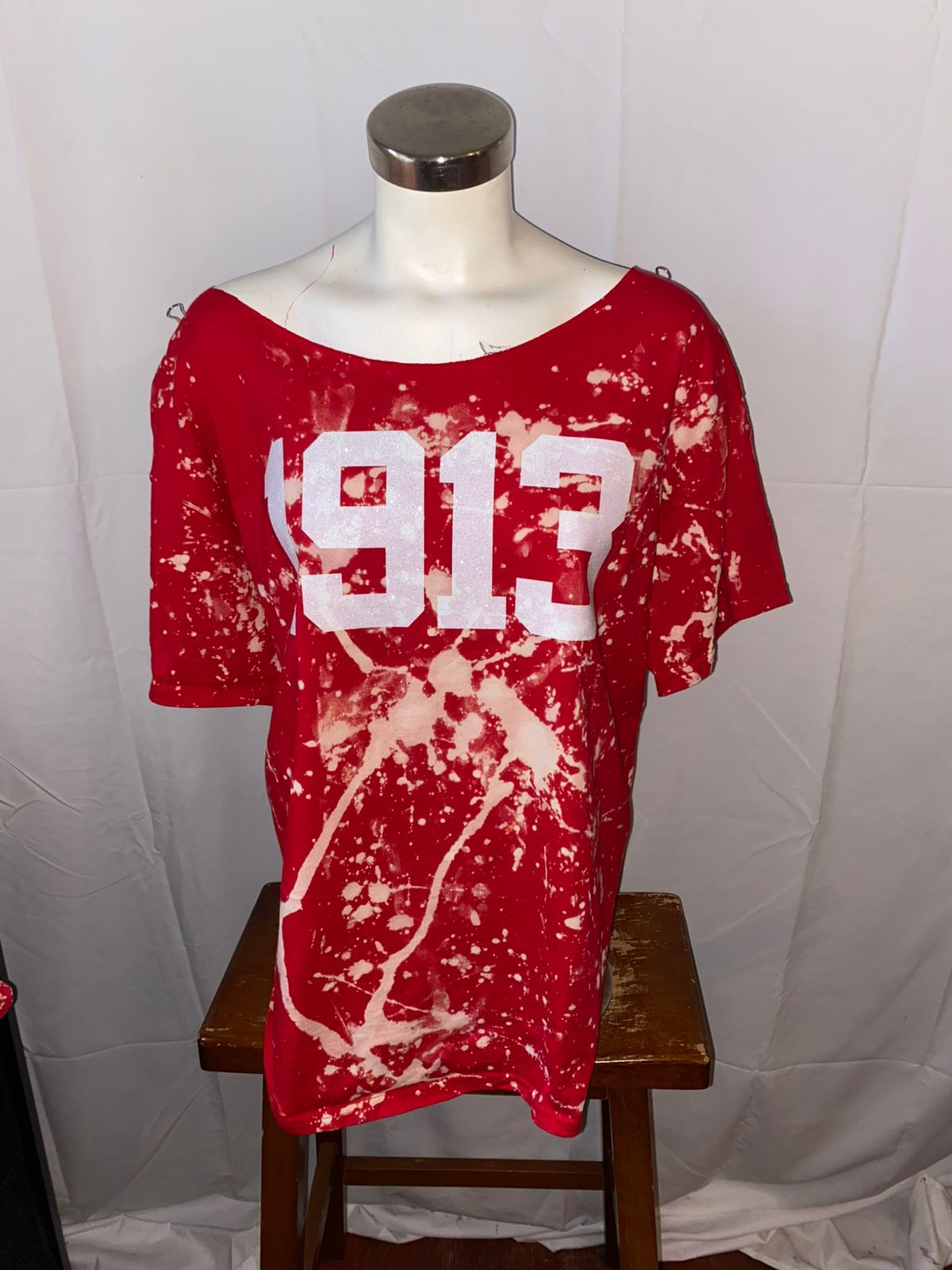 Glitter! Handmade 1913 Red Hand Bleached Crewneck or Off Shoulder T-Shirt