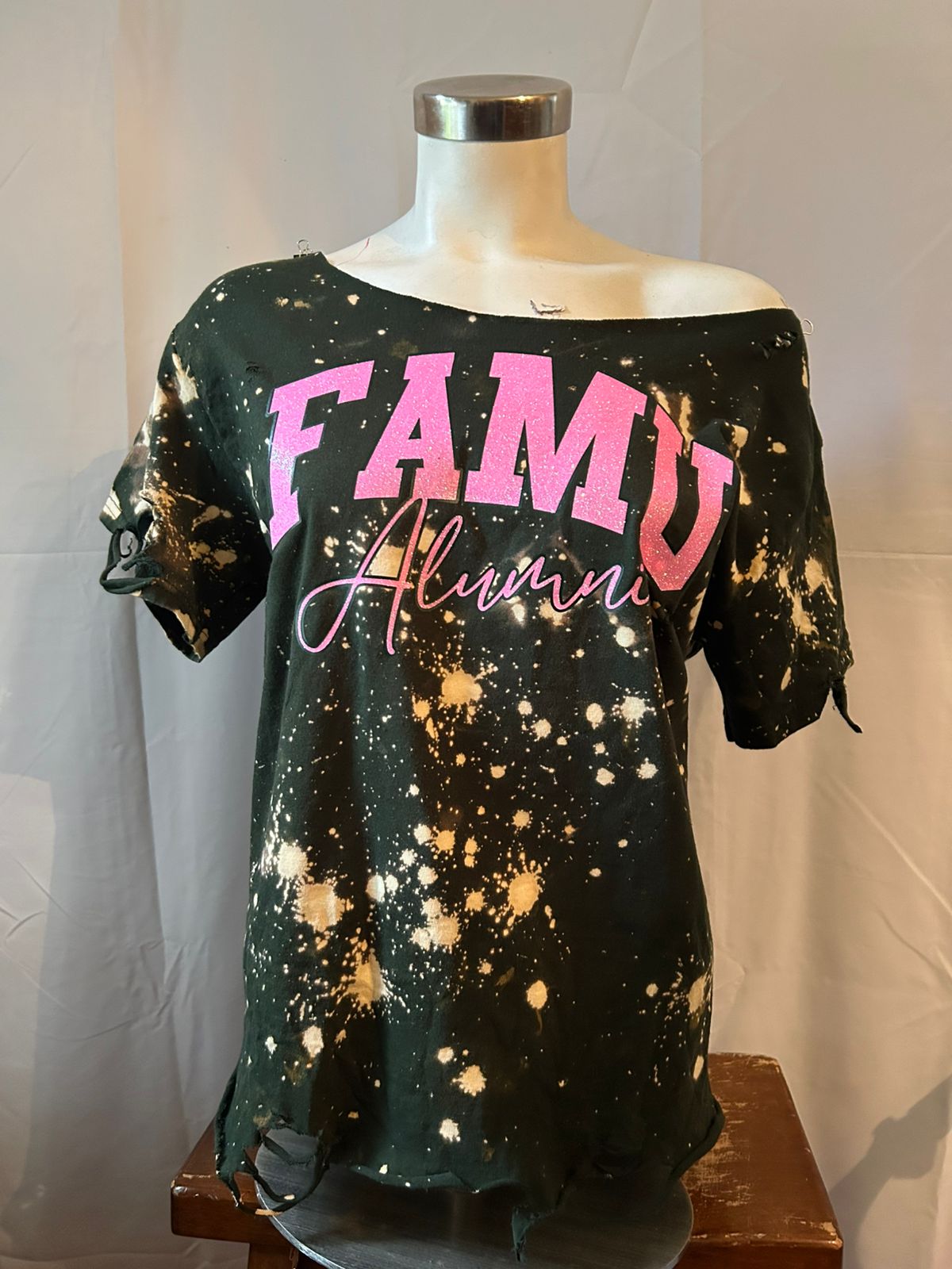 Handmade FAMU Alumni Hot Pink Glitter on Forest Bleached Crew Neck or Off-Shoulder T-Shirt