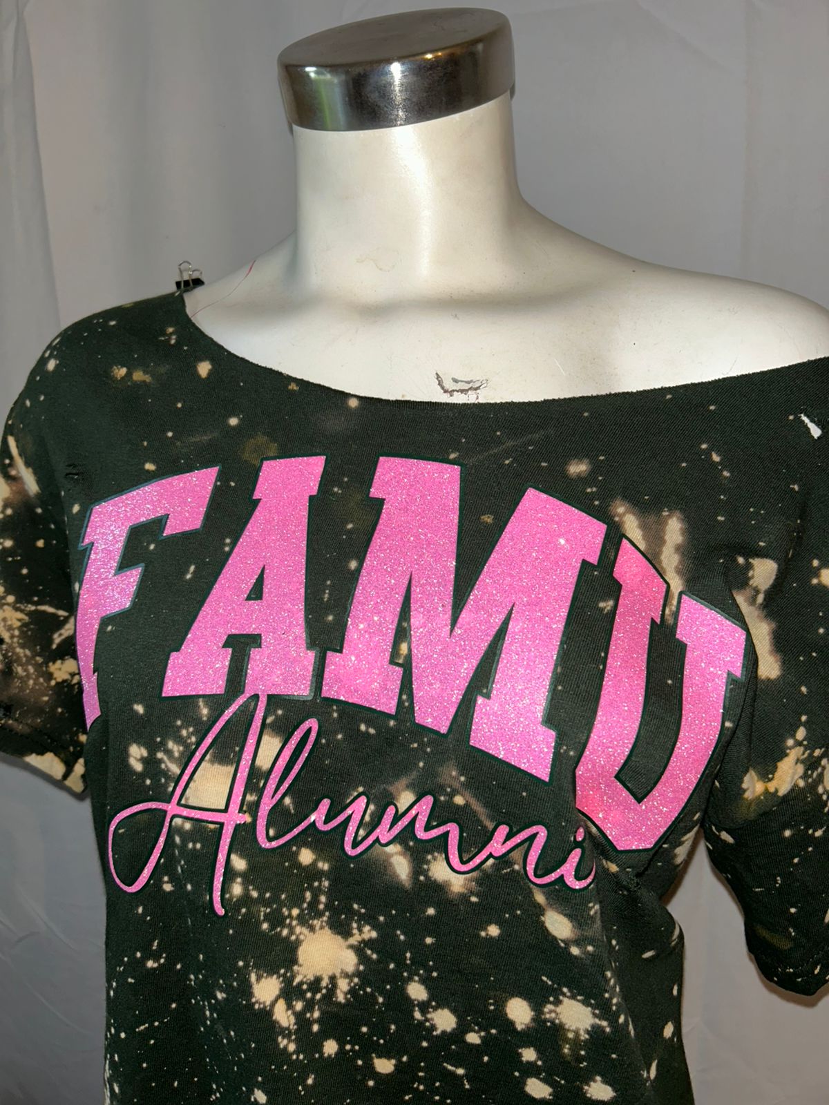 Handmade FAMU Alumni Hot Pink Glitter on Forest Bleached Crew Neck or Off-Shoulder T-Shirt